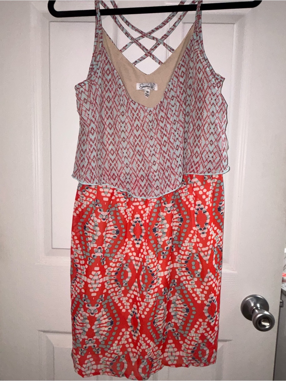 Speechless Red and Cream Patterned Midi Dress with Crisscross Back